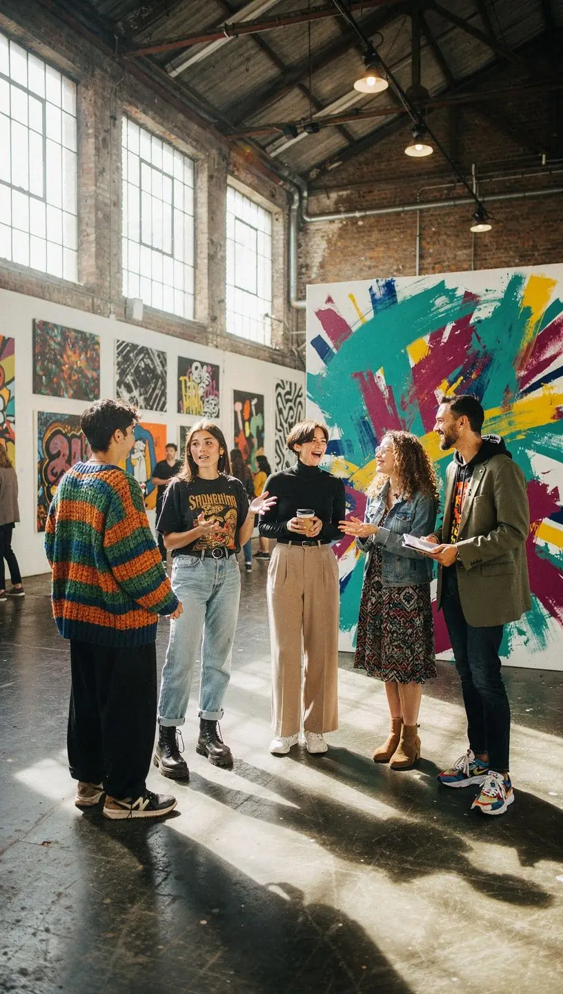 Community members engaging at a pop-up art exhibition.